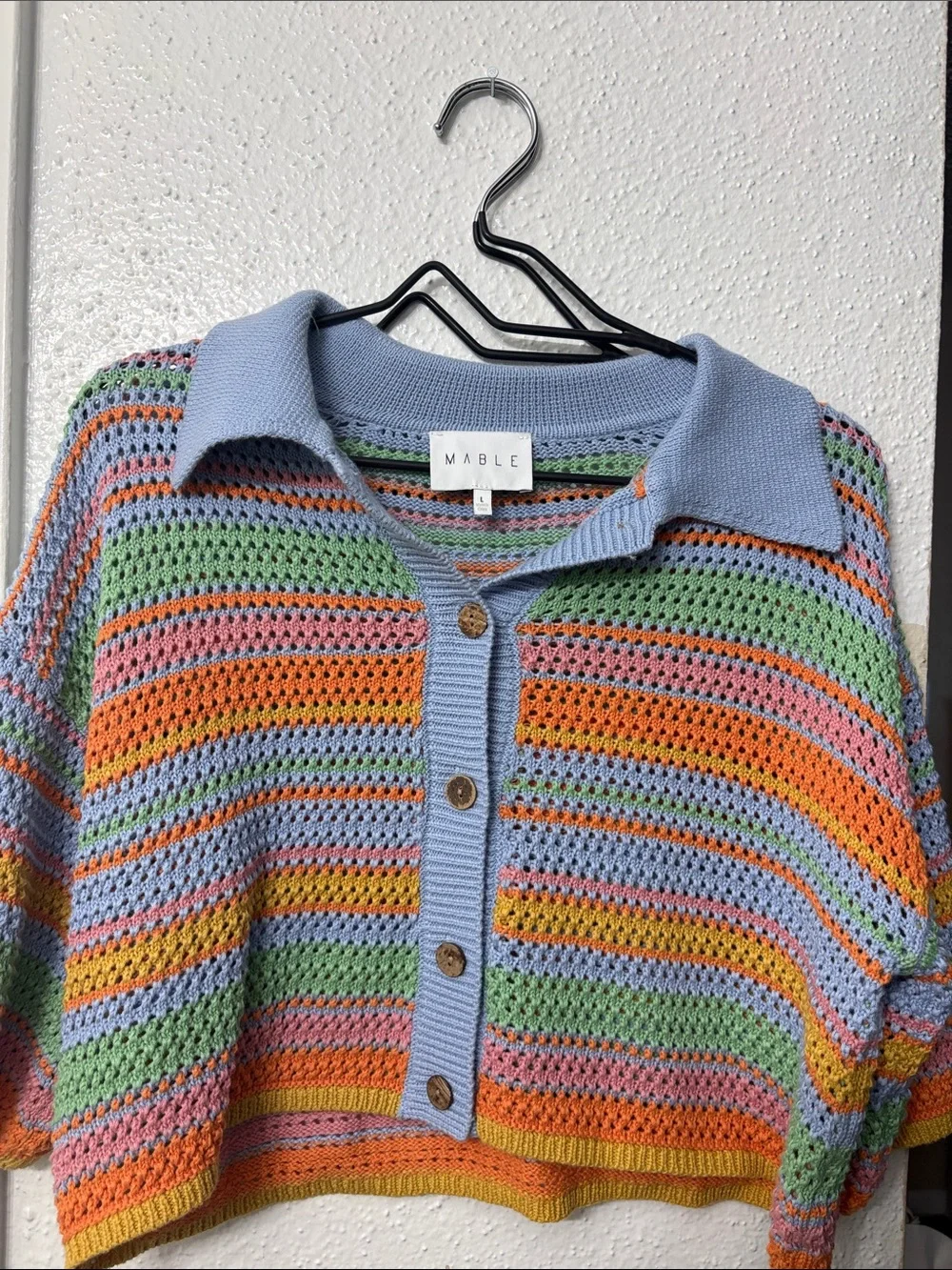 MABLE  Pastel Stripe Crochet Polo Sweater - Multi